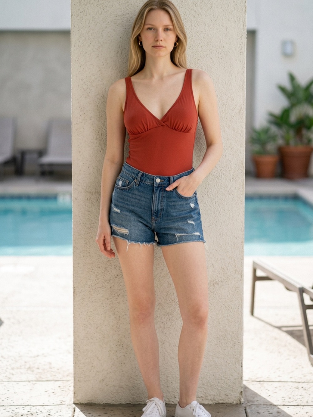 Amazon Essentials Brick Red V-Neck Bra Cup One-Piece Swimsuit
